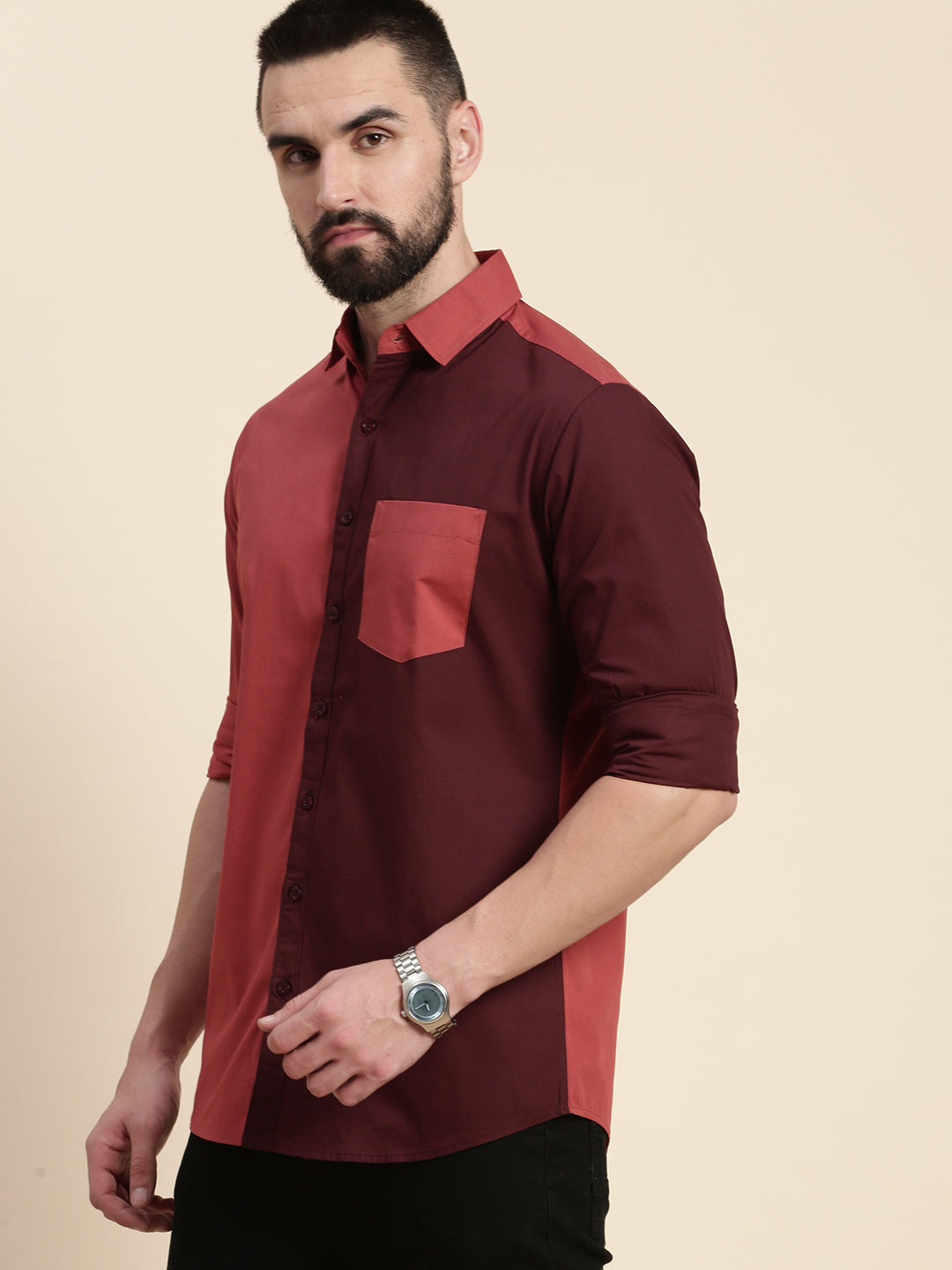 Mens Colourblocked Full Sleeve Shirt With Pocket