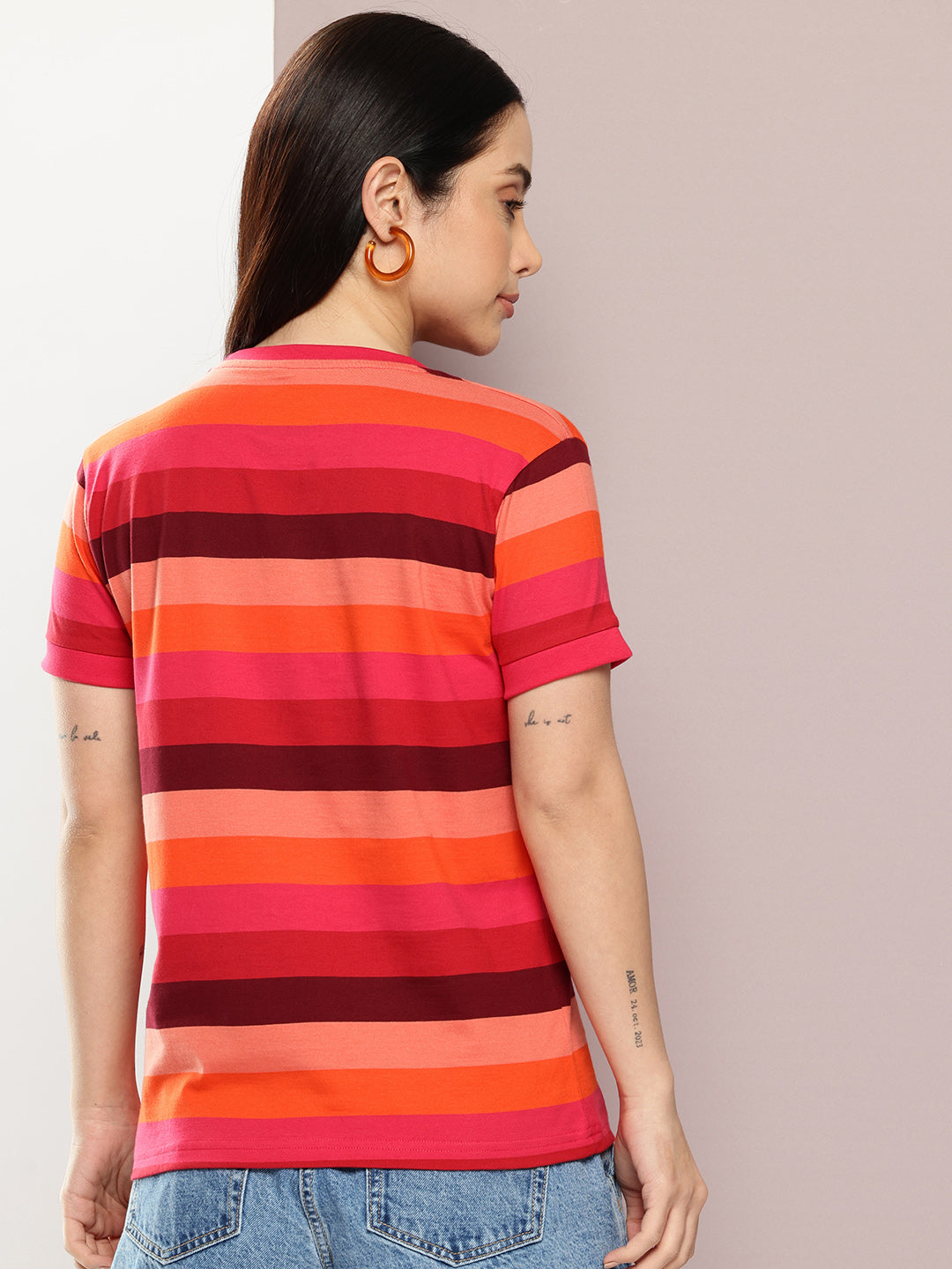 Womens Half Sleeve Round Neck All-Over Striped Regular Fit Tshirts