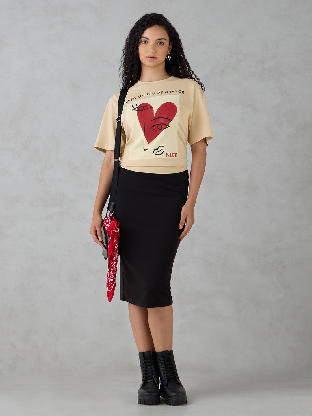 Womens Half Sleeve Puff Printed Oversized Fit Tshirt