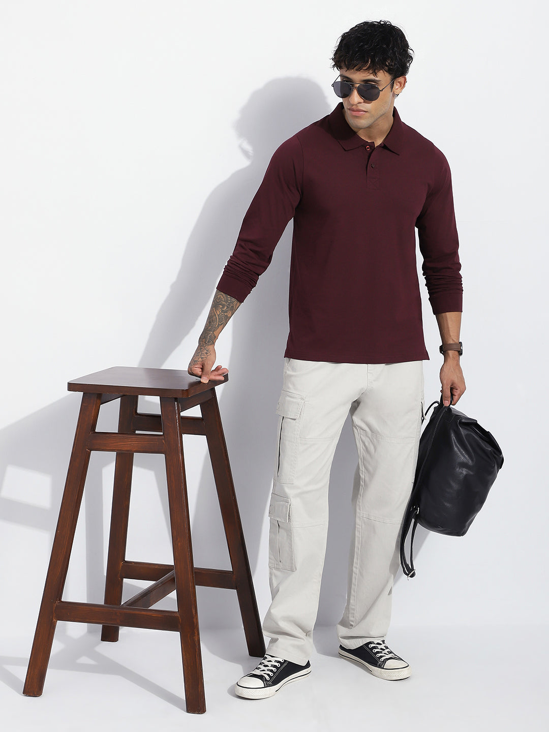 Mens Full Sleeve Polo Neck Solid Regular Fit Tshirts
