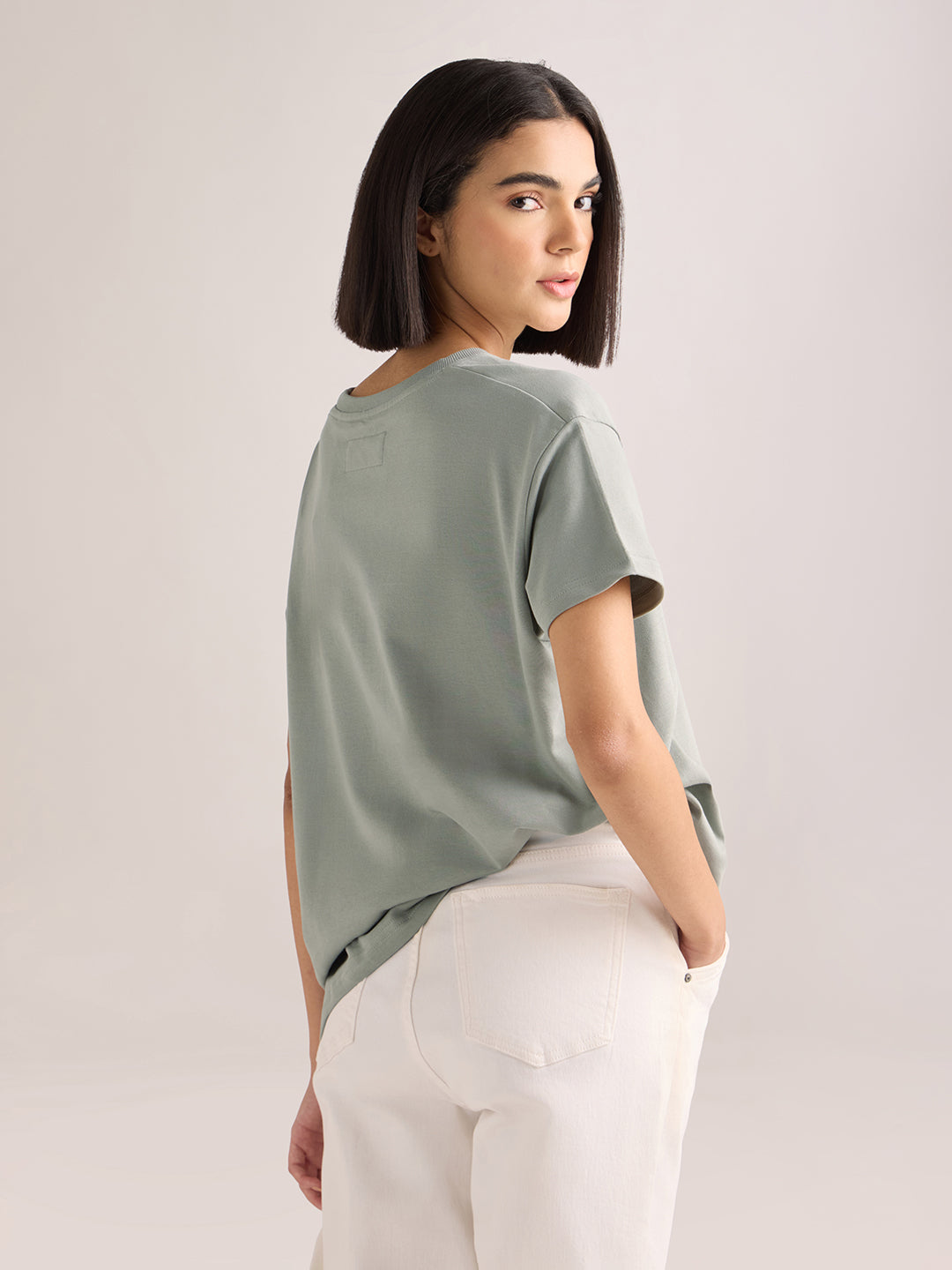 Womens Embroidery Boxy Regular Fit French Terry Cotton Tshirt