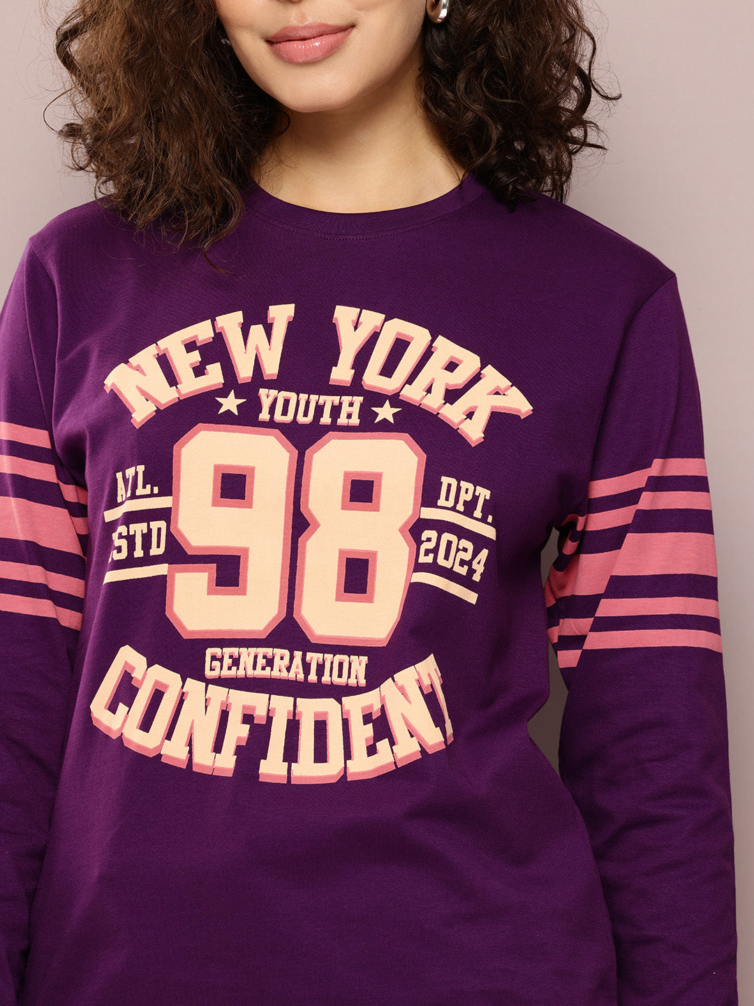 Womens Full Sleeve Round Neck Printed Oversized Fit Tshirts