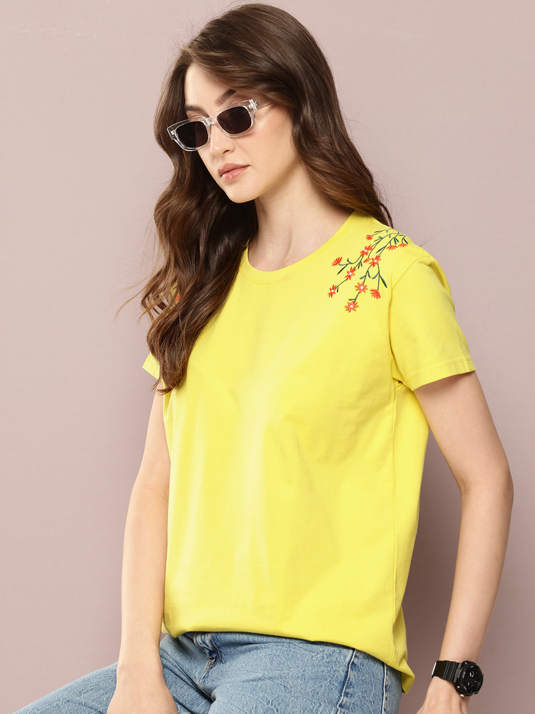 Womens Half Sleeve Round Neck Embroidered Boxy Fit Tshirts