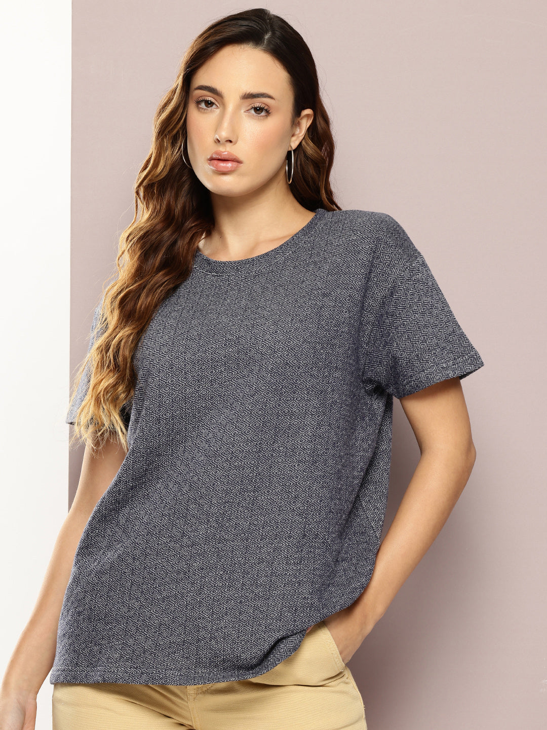 Womens Half Sleeve Round Neck All-Over Striped Boxy Fit Tshirts