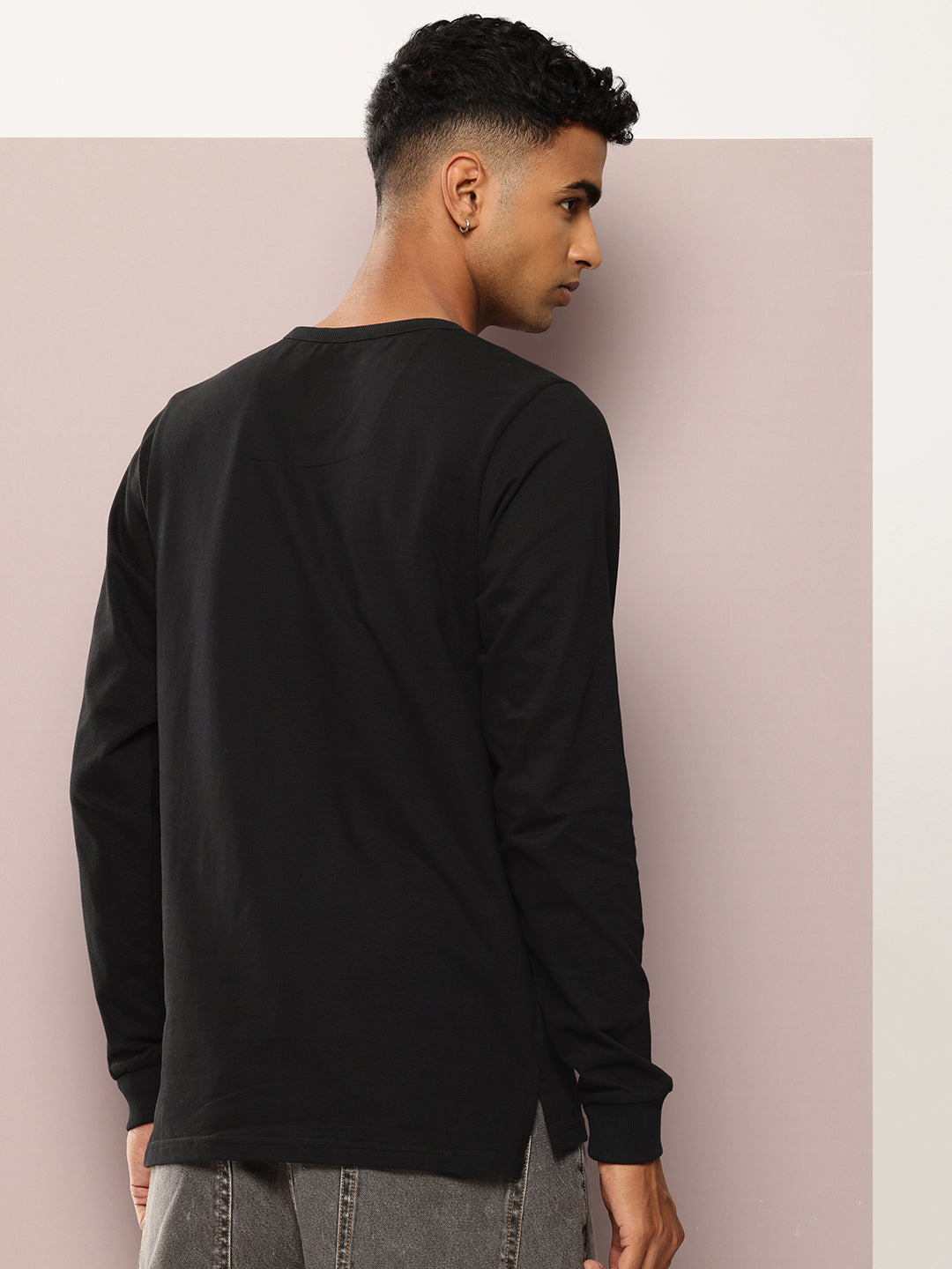 Mens Full Sleeve Henley Neck Solid Regular Fit Tshirts