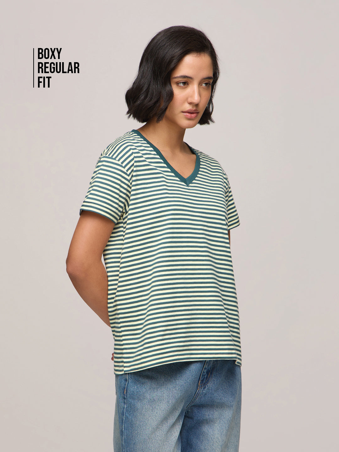 Womens Striped Boxy Regular Fit Cotton V-Neck T-Shirt