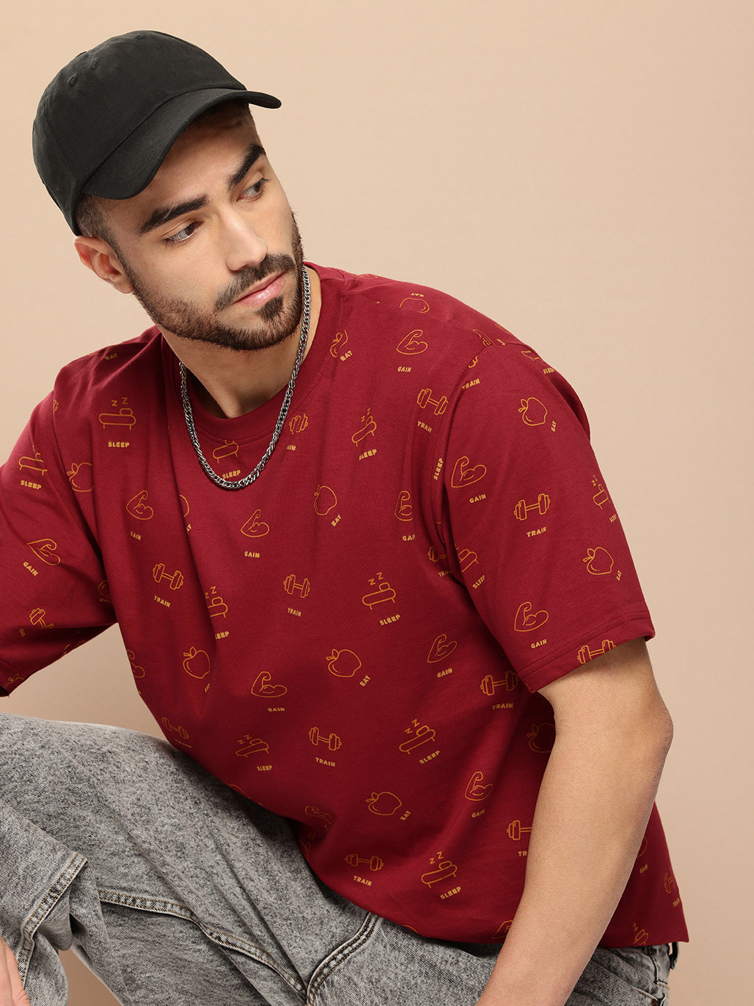 Mens Half Sleeve Round Neck All-Over Printed Oversized Fit Tshirts