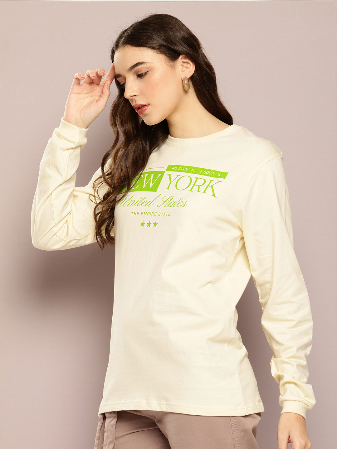Womens Full Sleeve Round Neck Printed Oversized Fit Tshirts