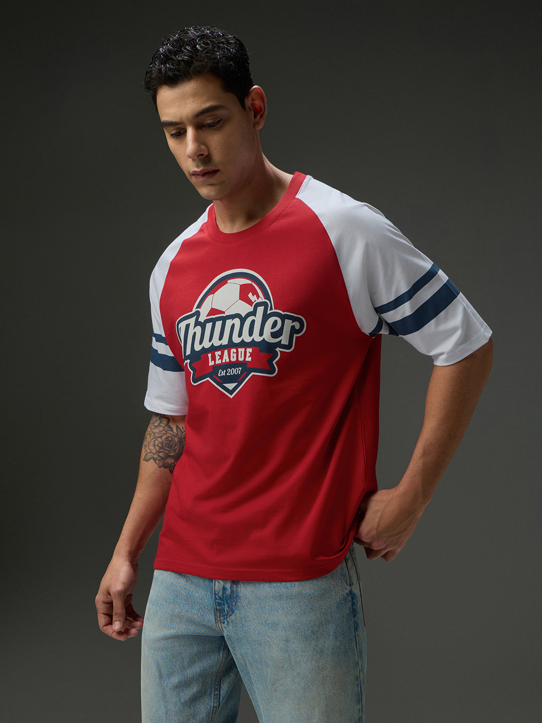 Mens Round Neck Raglan Sleeve Printed Oversized Fit Tshirt