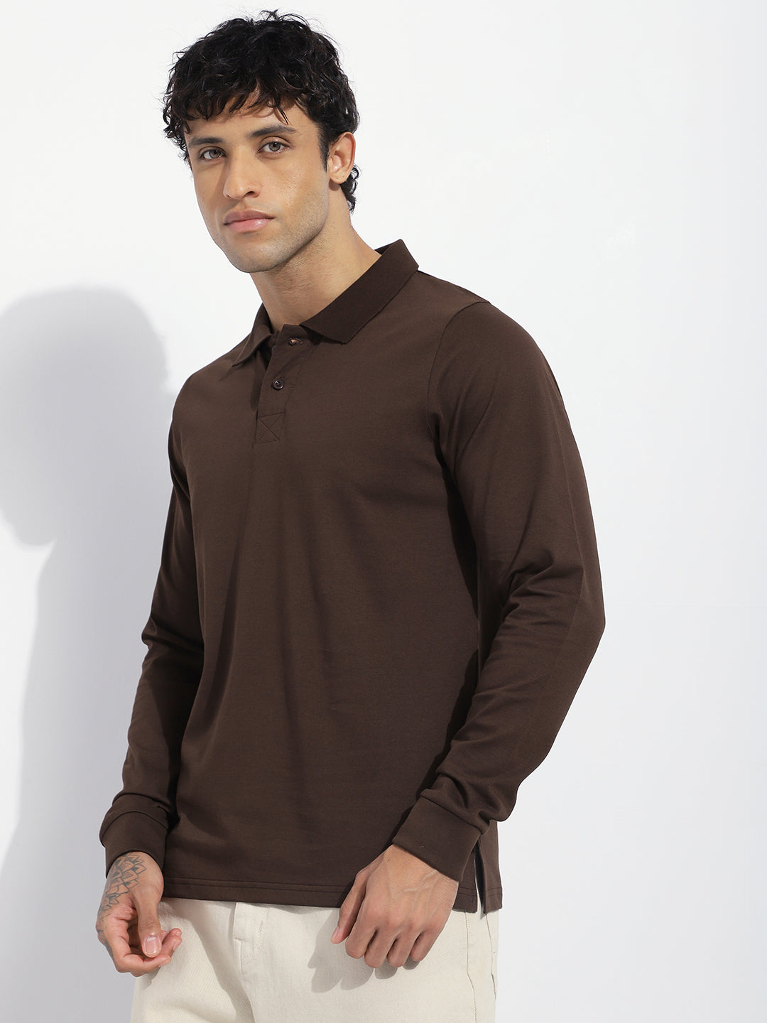 Mens Full Sleeve Polo Neck Solid Regular Fit Tshirts