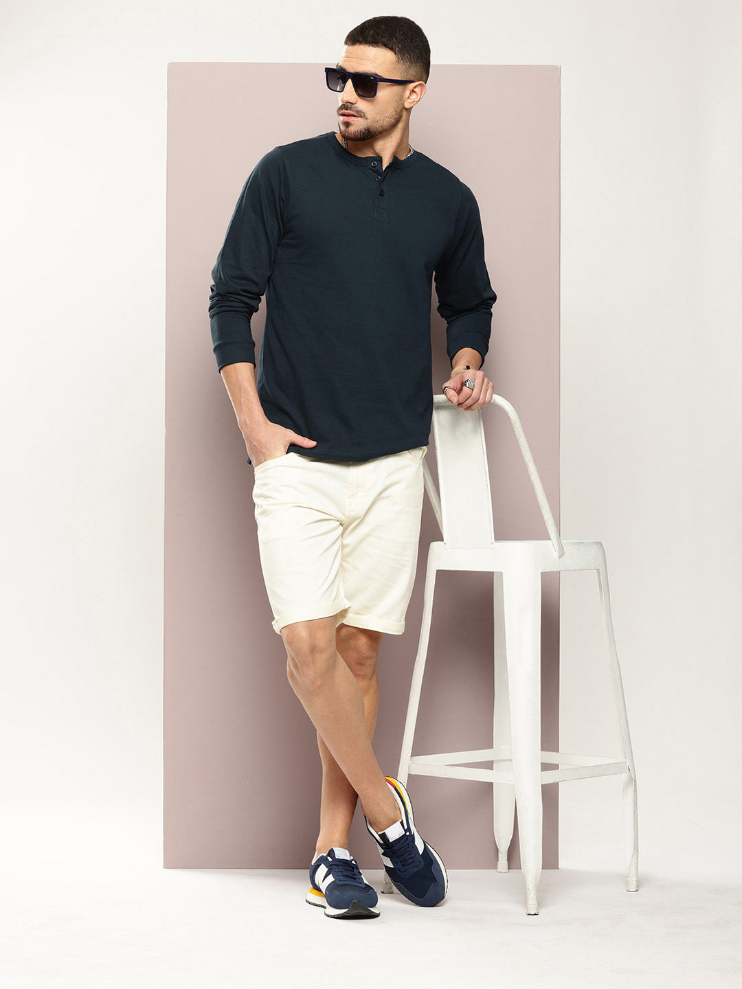 Mens Full Sleeve Henley Neck Solid Regular Fit Tshirts