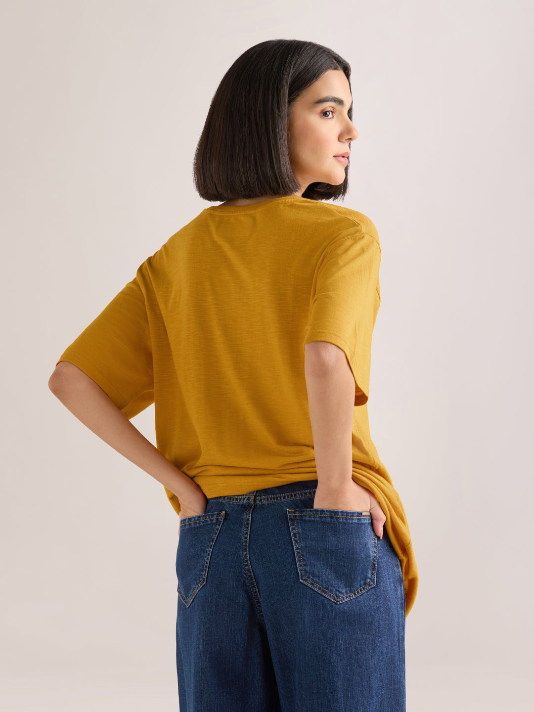 Womens Solid Oversized Cotton Modal V-Neck Tshirt