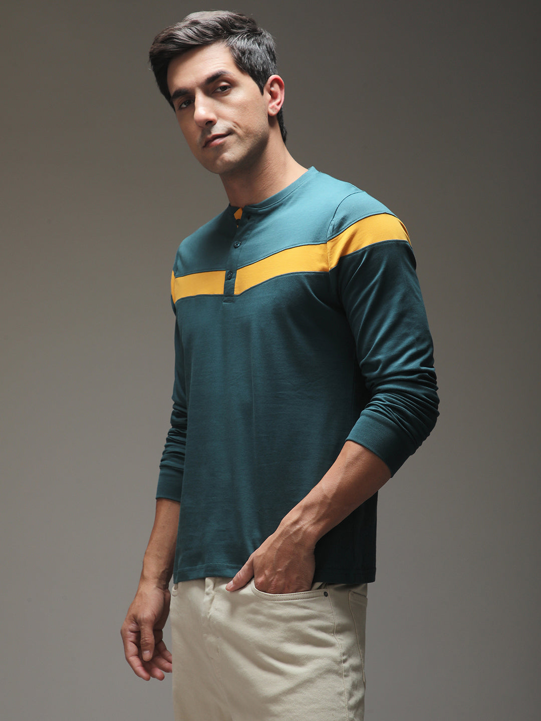 Mens Full Sleeve Henley Neck Solid Regular Fit Tshirts