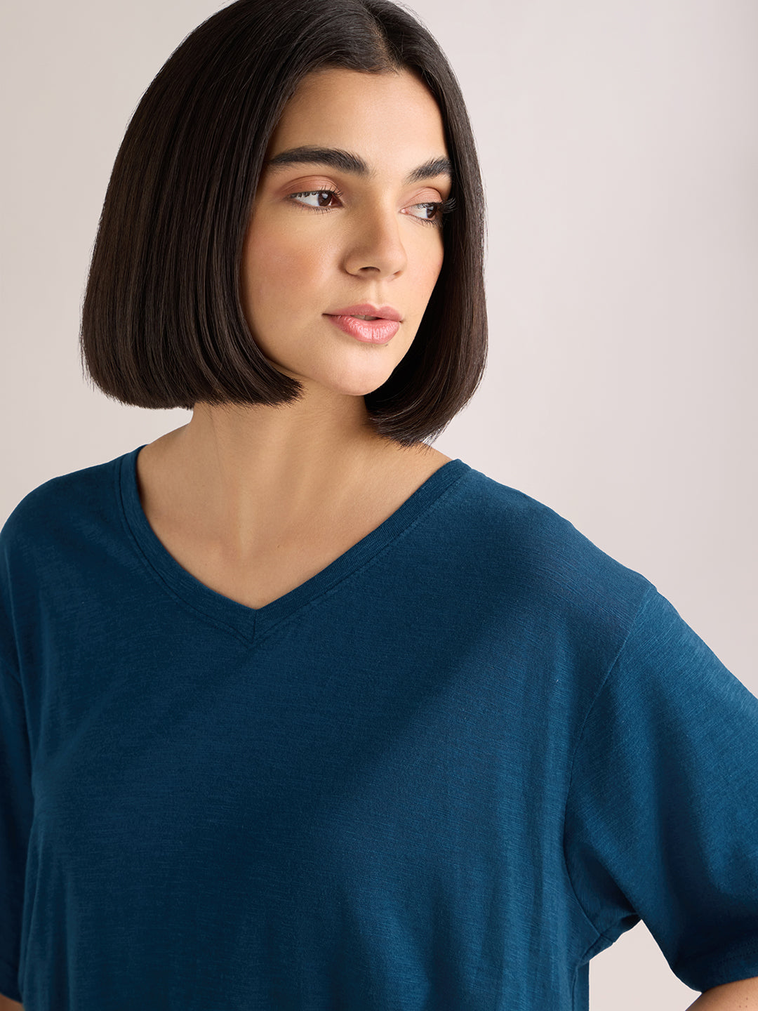 Womens Solid Oversized Cotton Modal V-Neck Tshirt