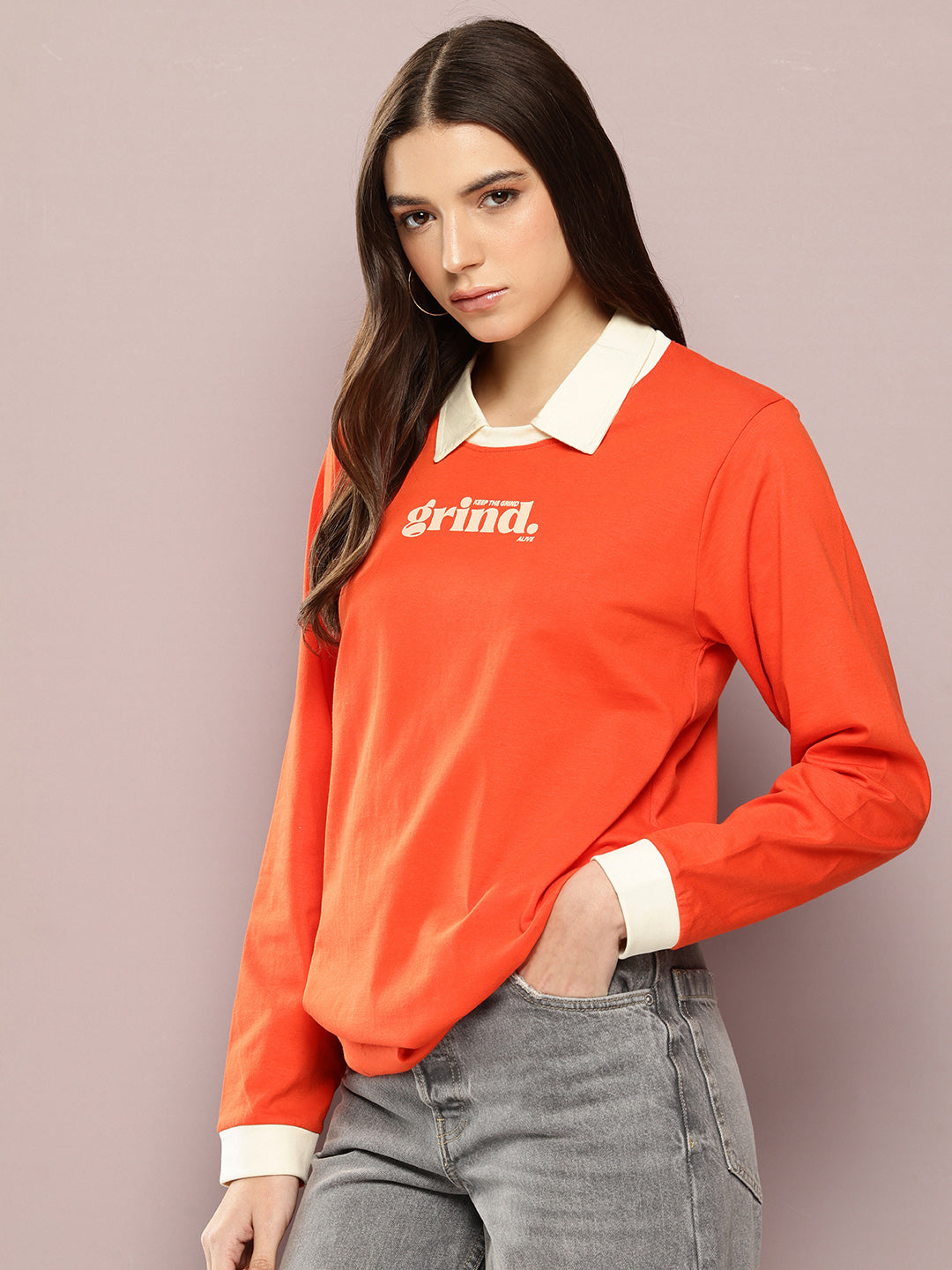 Womens Full Sleeve Polo Neck Printed Oversized Fit Tshirts