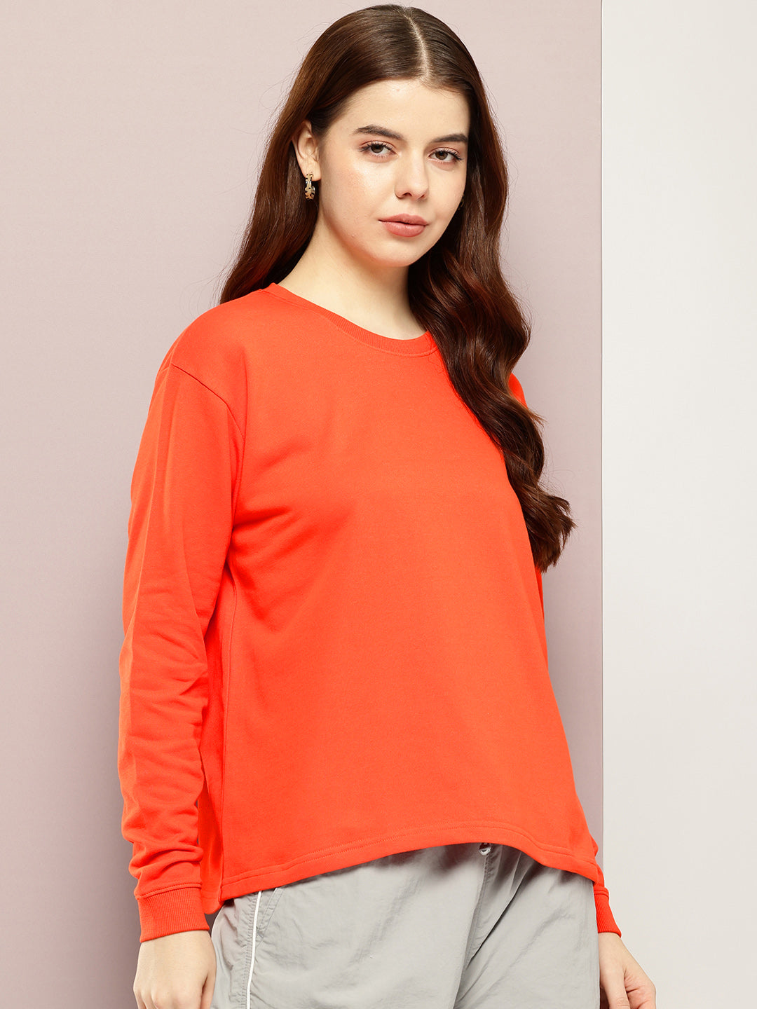 Womens Full Sleeve Round Neck Solid Boxy Fit Tshirts