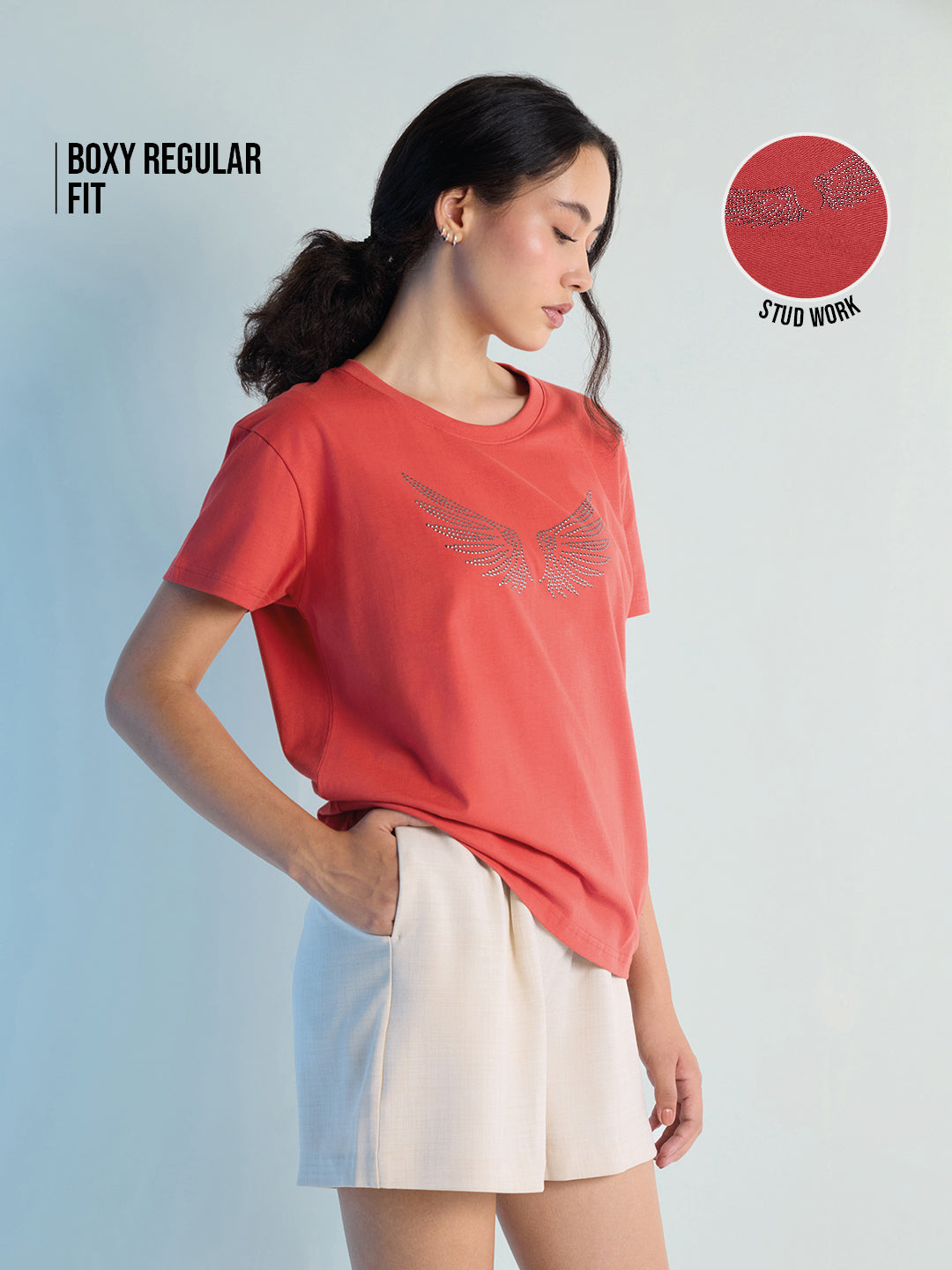 Womens Stud Detailed Boxy Regular Round Neck Tshirt 
