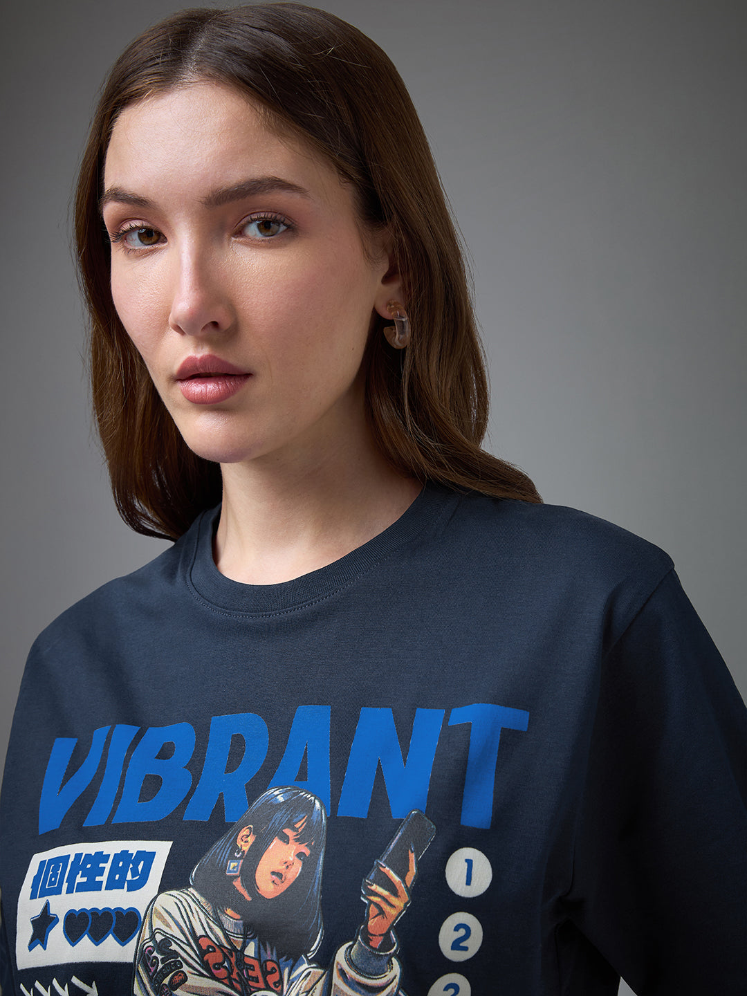 Womens Printed Round Neck Oversized Fit Tshirt