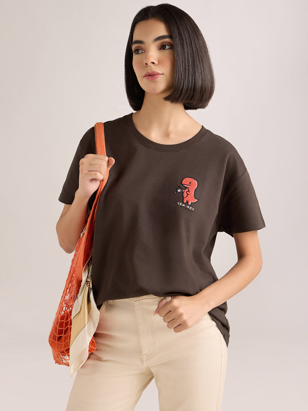 Womens Embroidery Boxy Regular Fit French Terry Cotton Tshirt