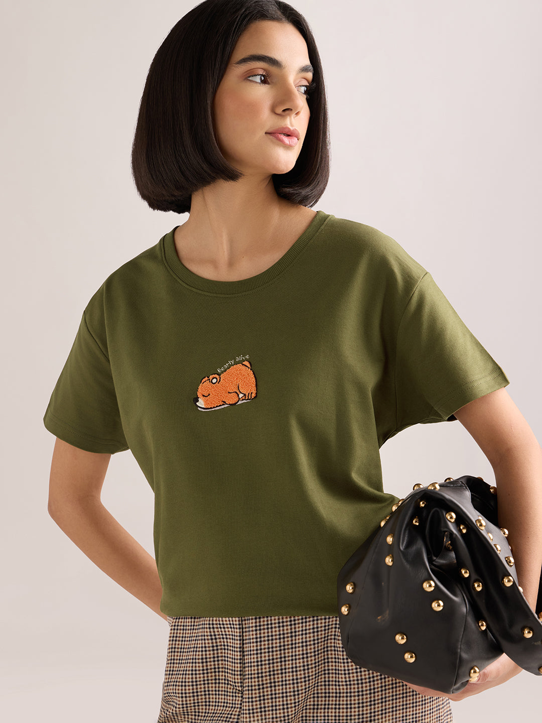 Womens Embroidery Boxy Regular Fit French Terry Cotton Tshirt