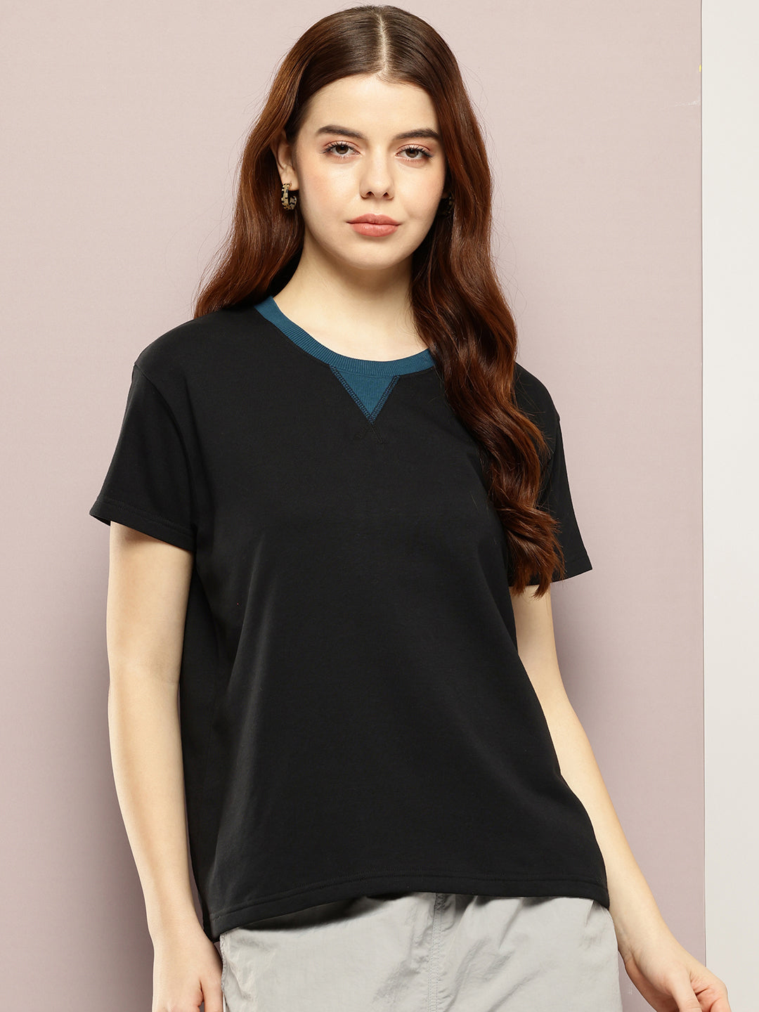 Womens Half Sleeve V-Neck Solid Boxy Fit Tshirts