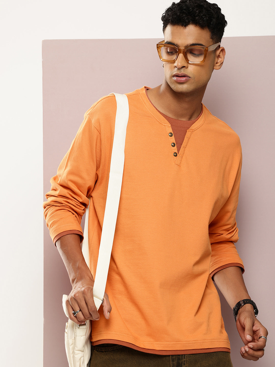 Mens Full Sleeve V-Neck Solid Oversized Fit Tshirts