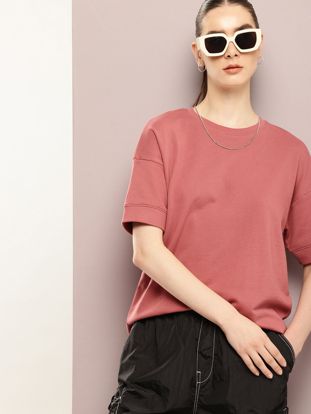 Womens Half Sleeve Round Neck Solid Oversized Fit Tshirts