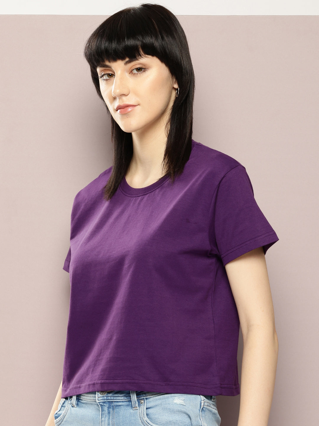 Womens Half Sleeve Round Neck Solid Boxy Fit Tshirts