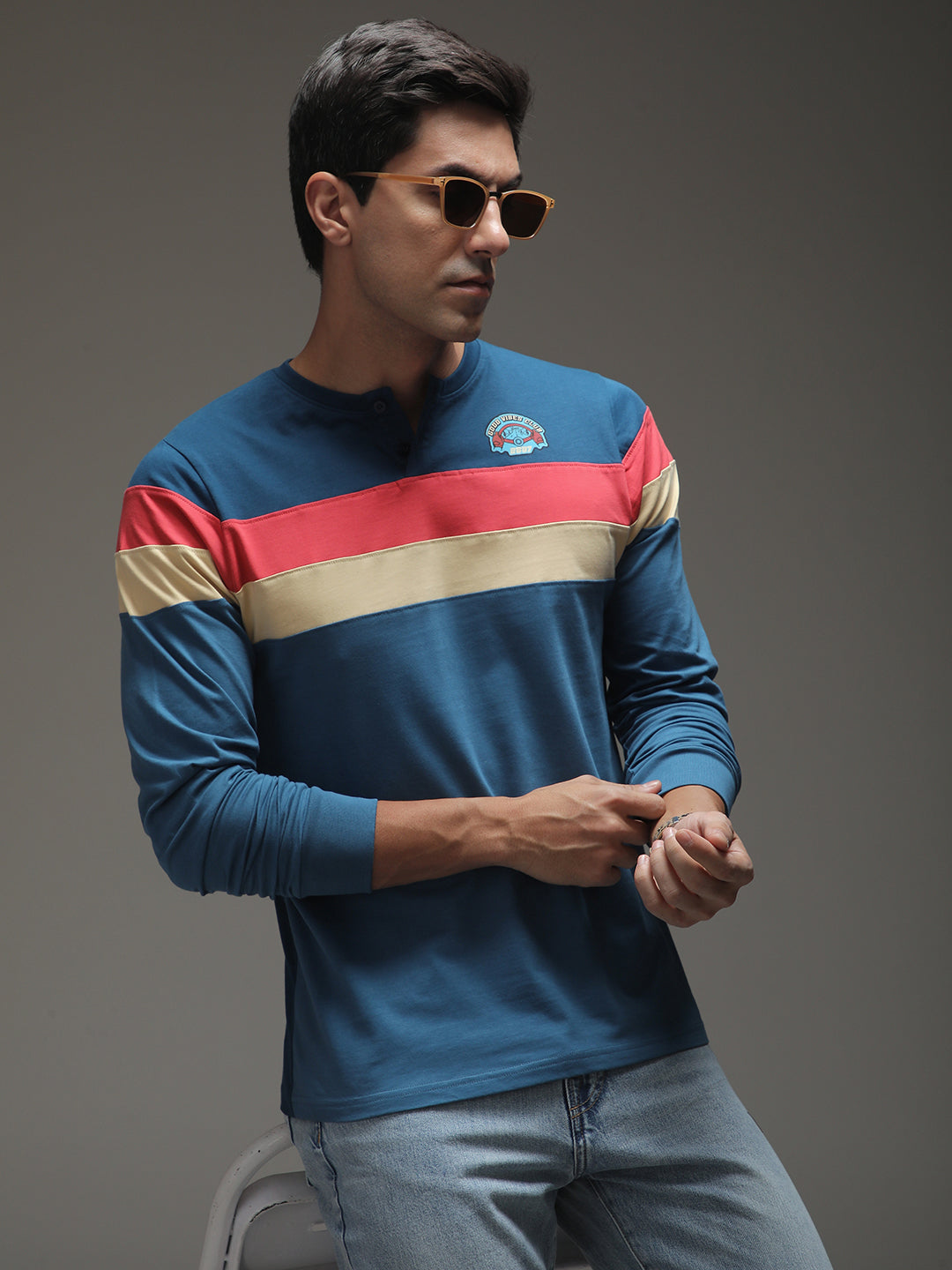 Mens Full Sleeve Henley Neck Printed Regular Fit Tshirts