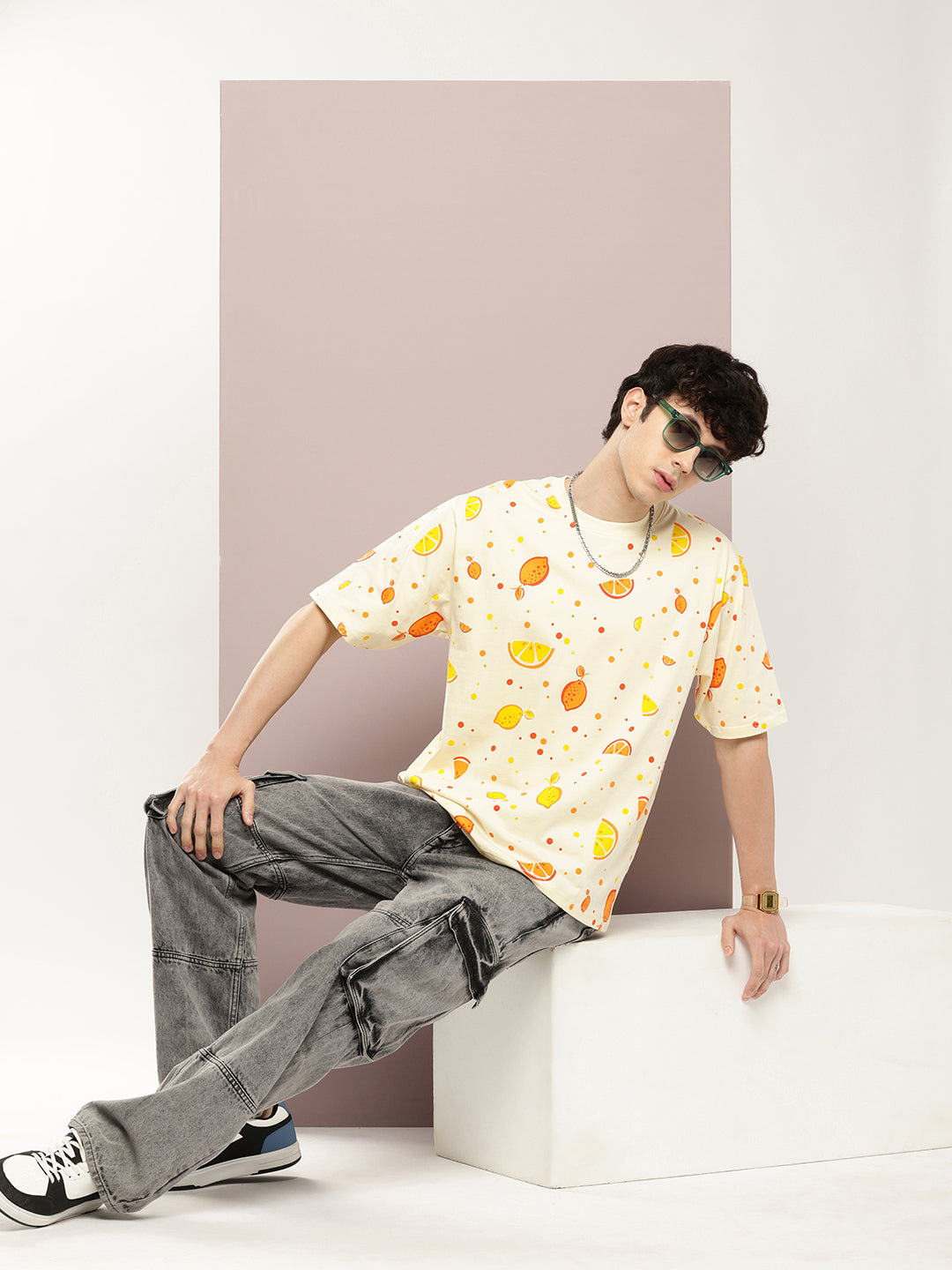 Mens Half Sleeve Round Neck All-Over Printed Oversized Fit Tshirts
