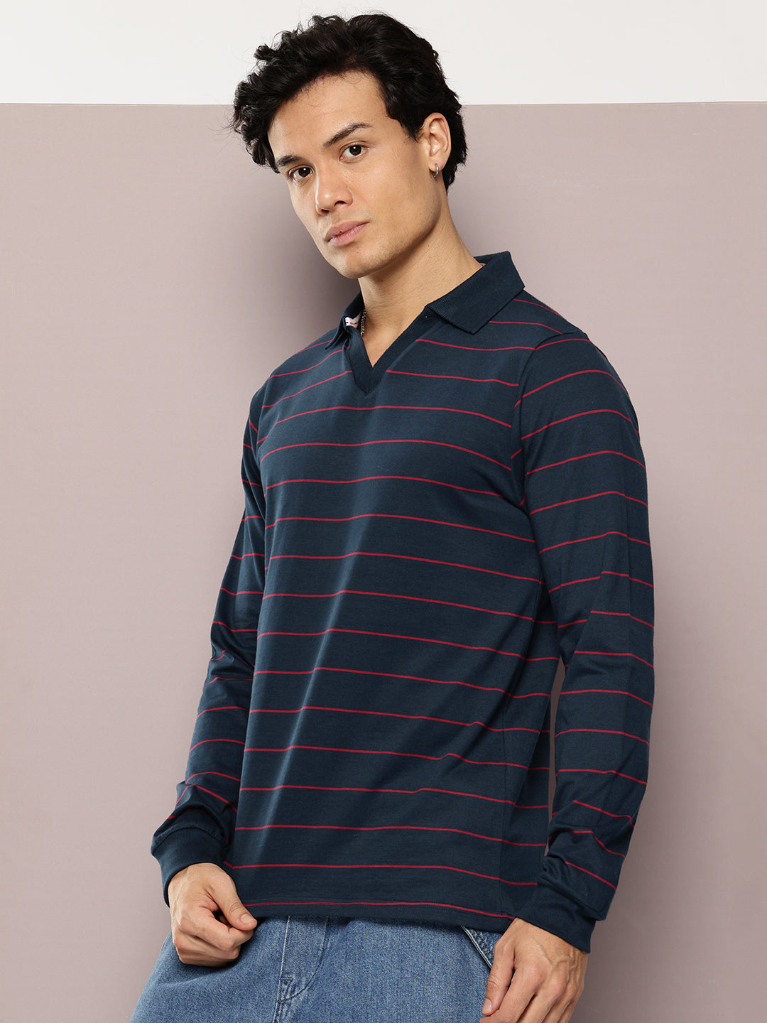 Mens Full Sleeve Polo Neck Striped Regular Fit Tshirts