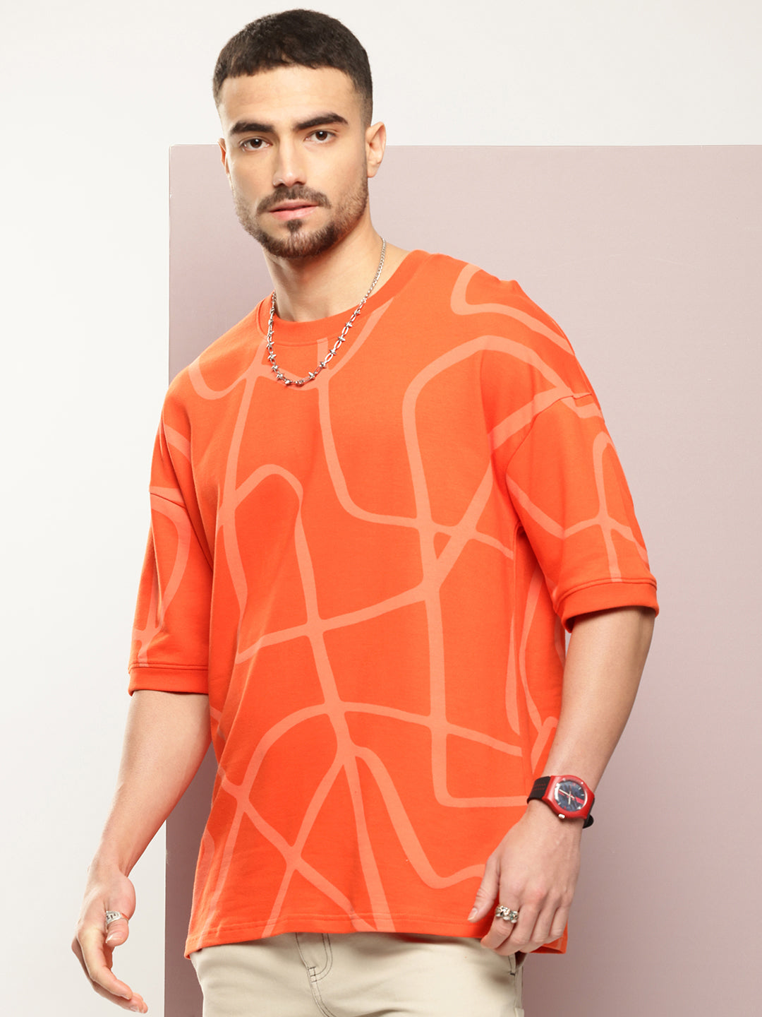 Mens Half Sleeve Round Neck All-Over Printed Oversized Fit Tshirts