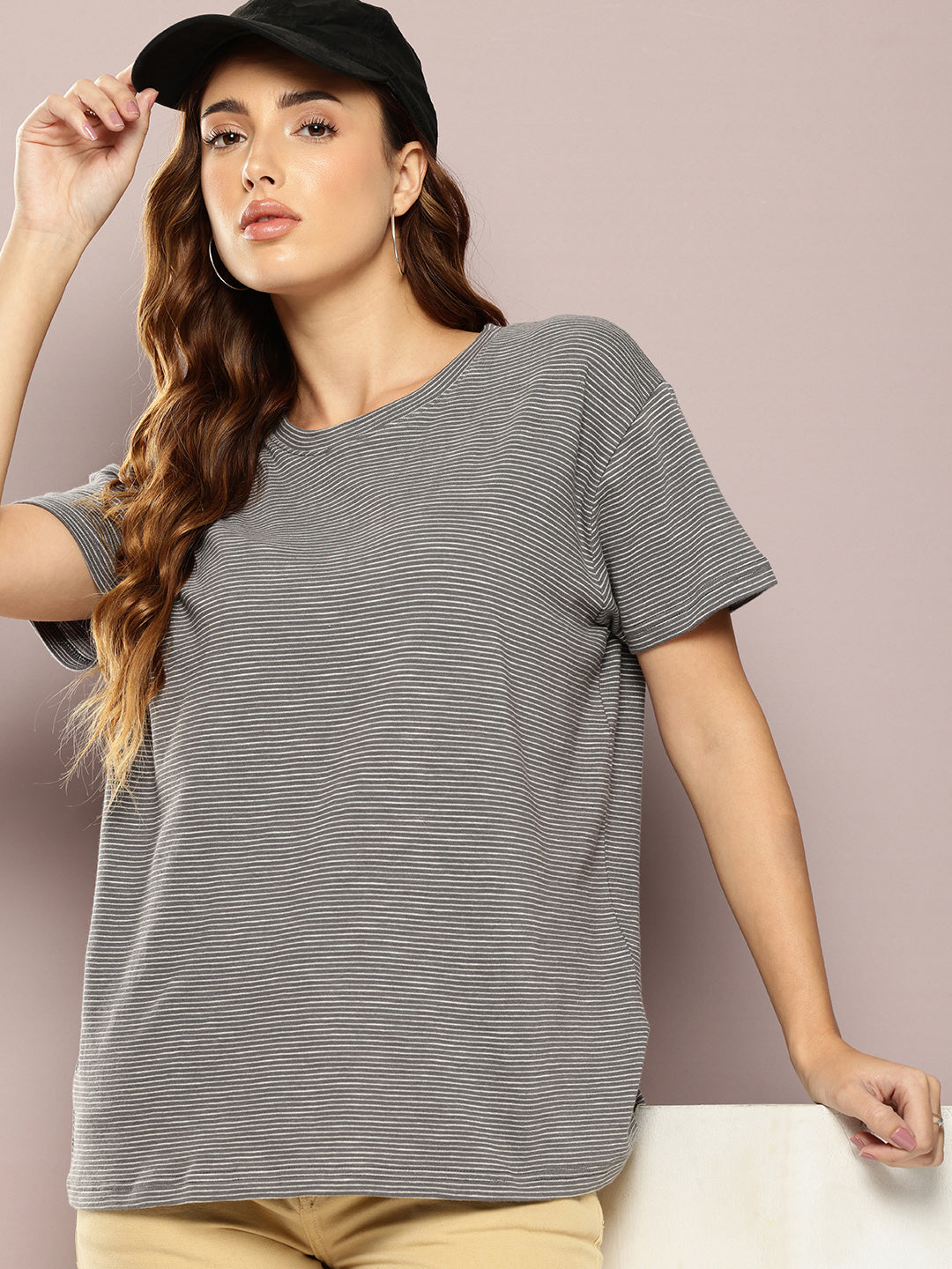 Womens Half Sleeve Round Neck All-Over Striped Boxy Fit Tshirts