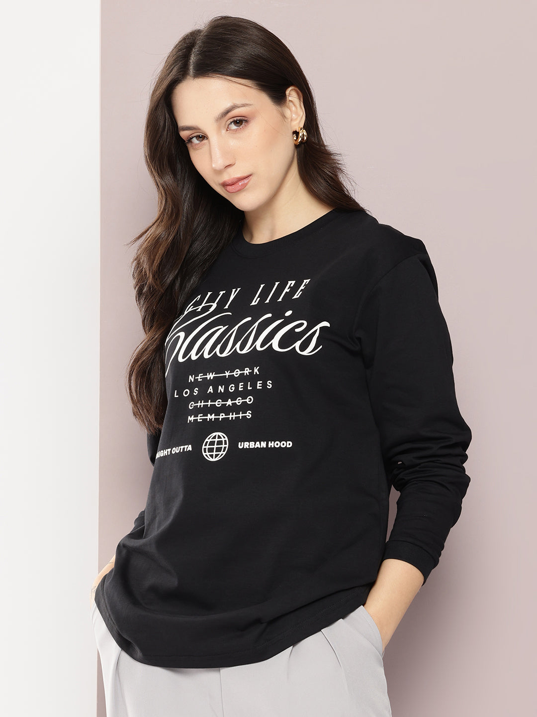 Womens Full Sleeve Round Neck Printed Oversized Fit Tshirts