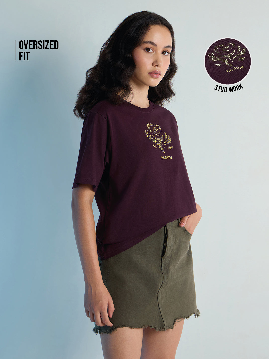 Womens Stud Detailed Oversized Round Neck Tshirt 