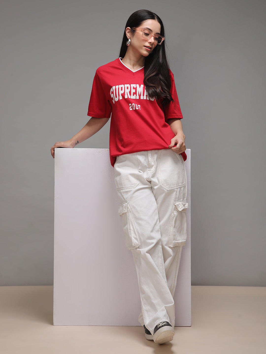 Womens Half Sleeve V-Neck Printed Oversized Fit Tshirts