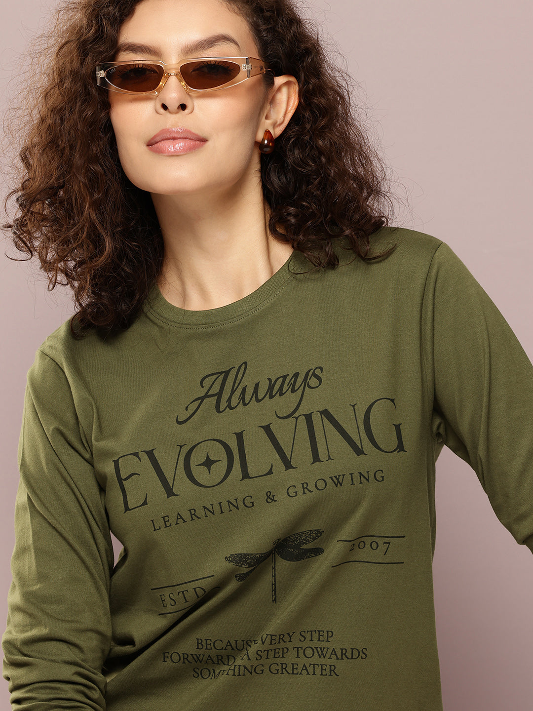 Womens Full Sleeve Round Neck Printed Oversized Fit Tshirts