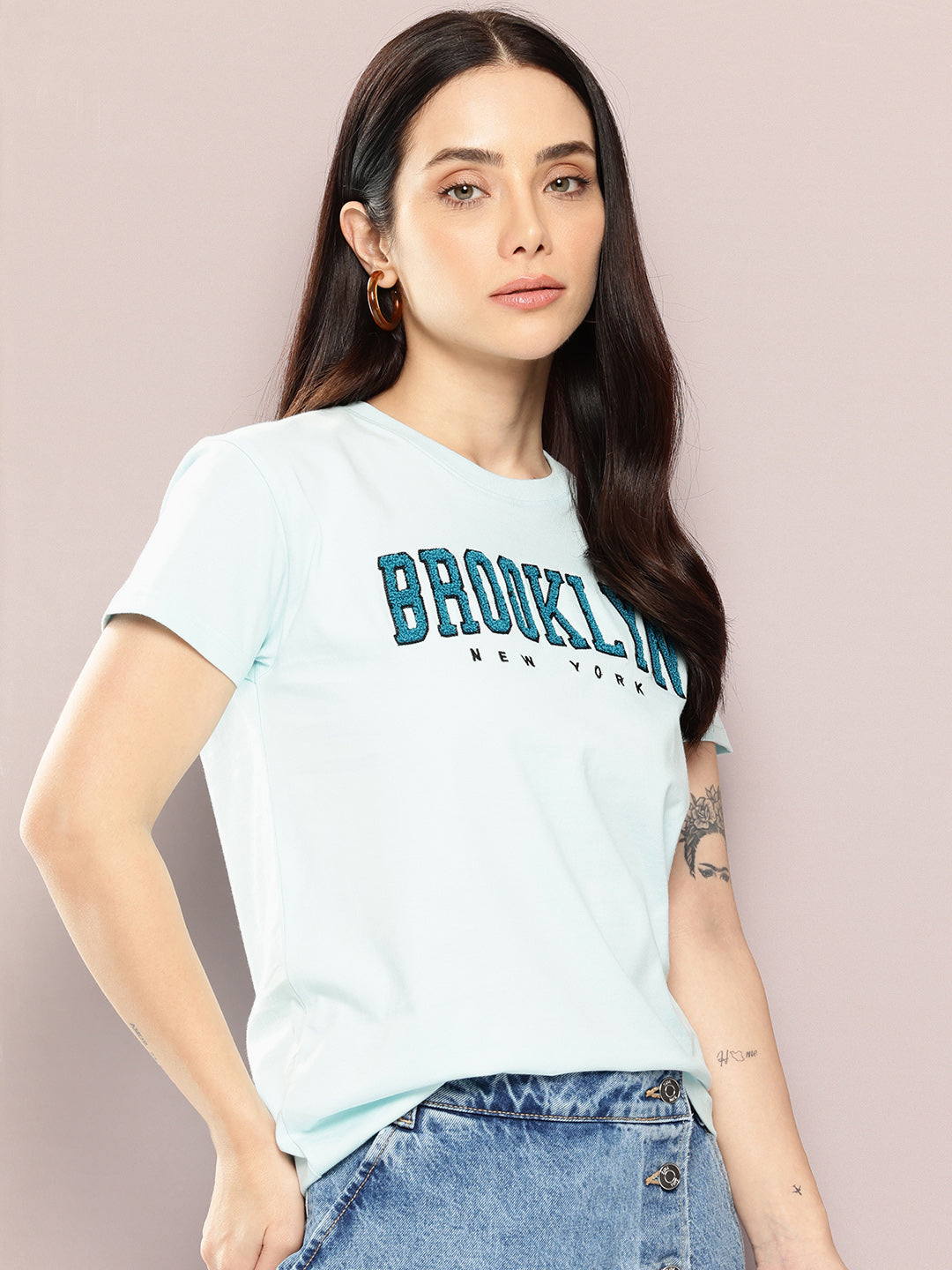 Womens Half Sleeve Round Neck Embroidery Regular Fit Tshirts