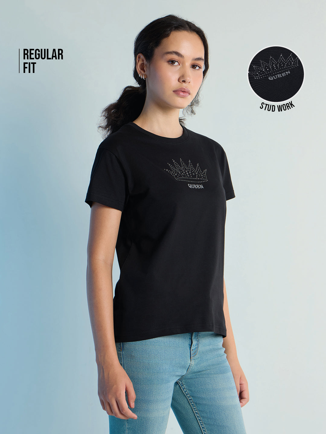 Womens Stud Detailed Regular Fit Round Neck Tshirt 