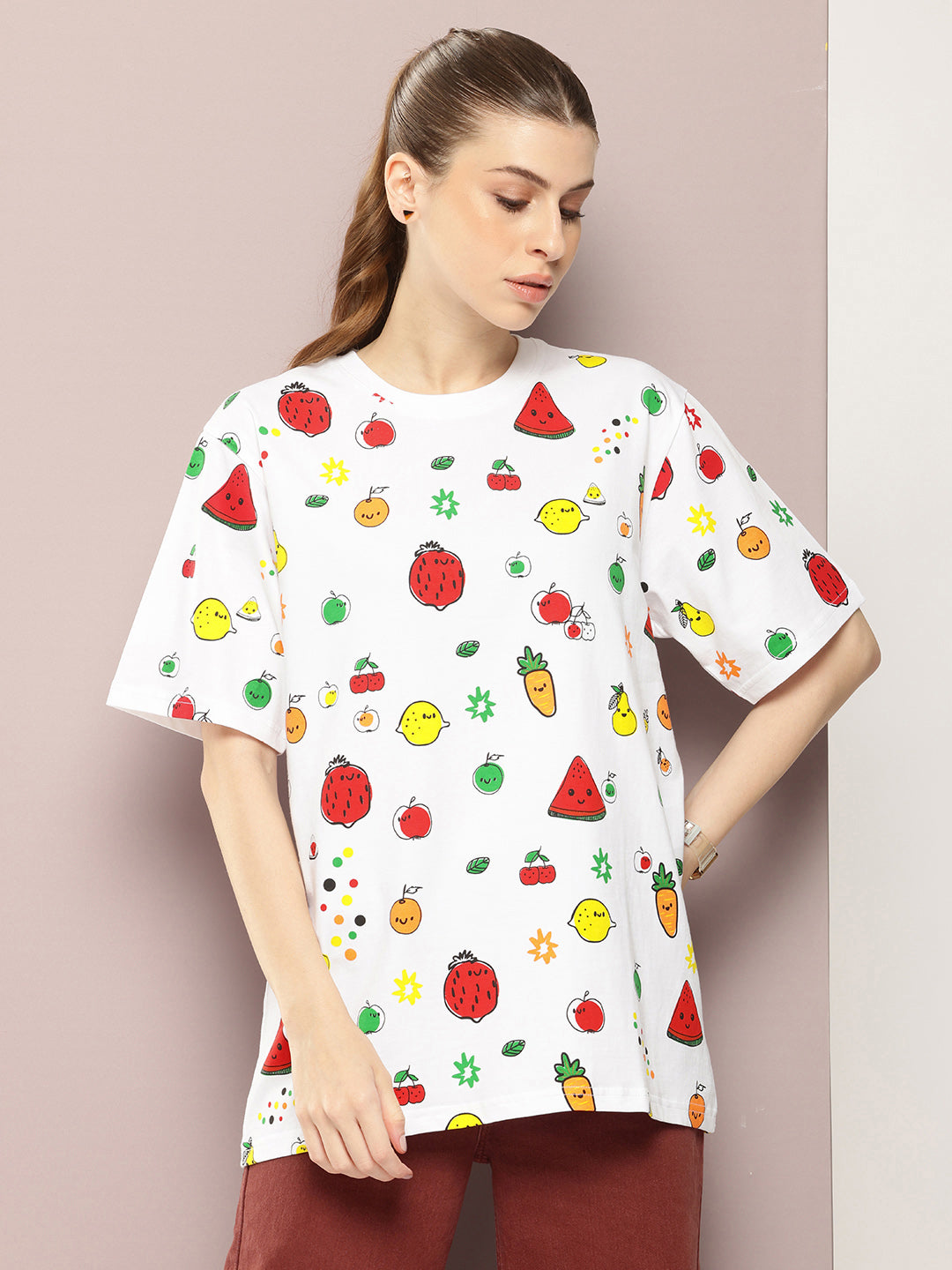 Womens Half Sleeve Round Neck All-Over Printed Oversized Fit Tshirts