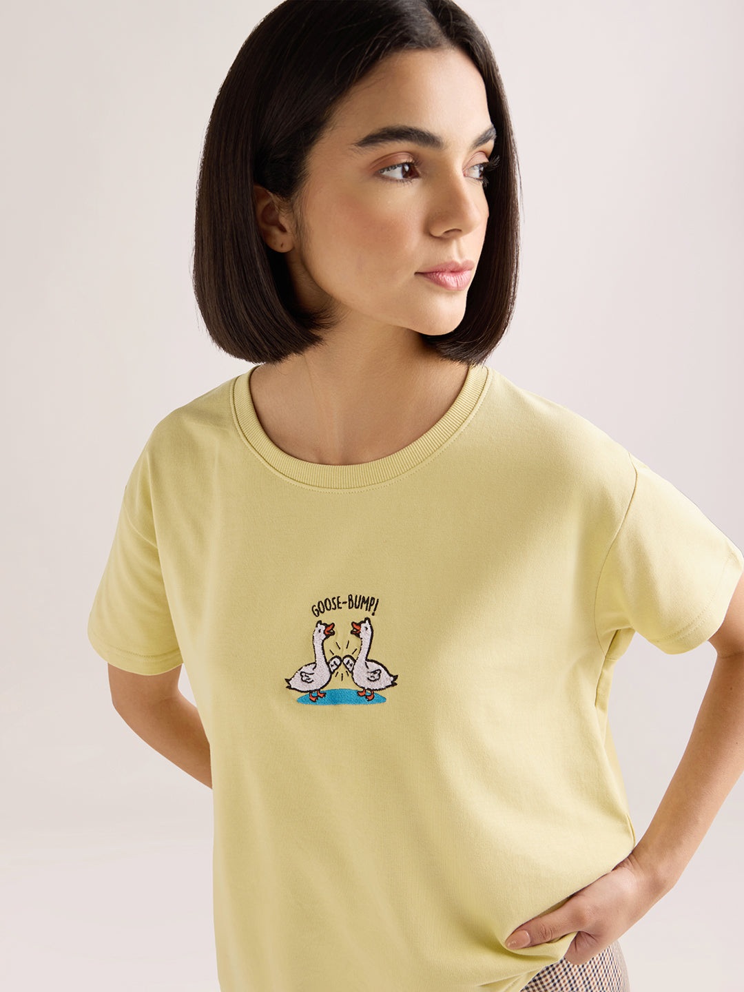 Womens Embroidery Boxy Regular Fit French Terry Cotton Tshirt