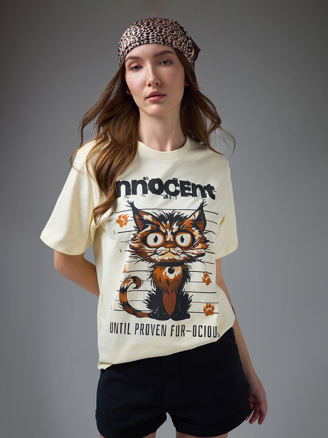 Womens Printed Round Neck Oversized Fit Tshirt