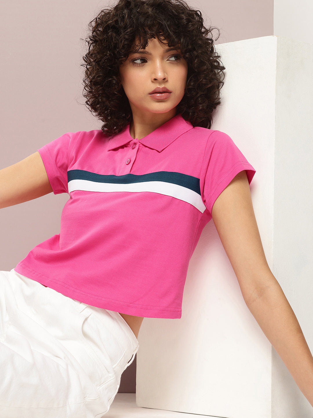 Womens Half Sleeve Polo Neck Solid Regular Fit Tshirts