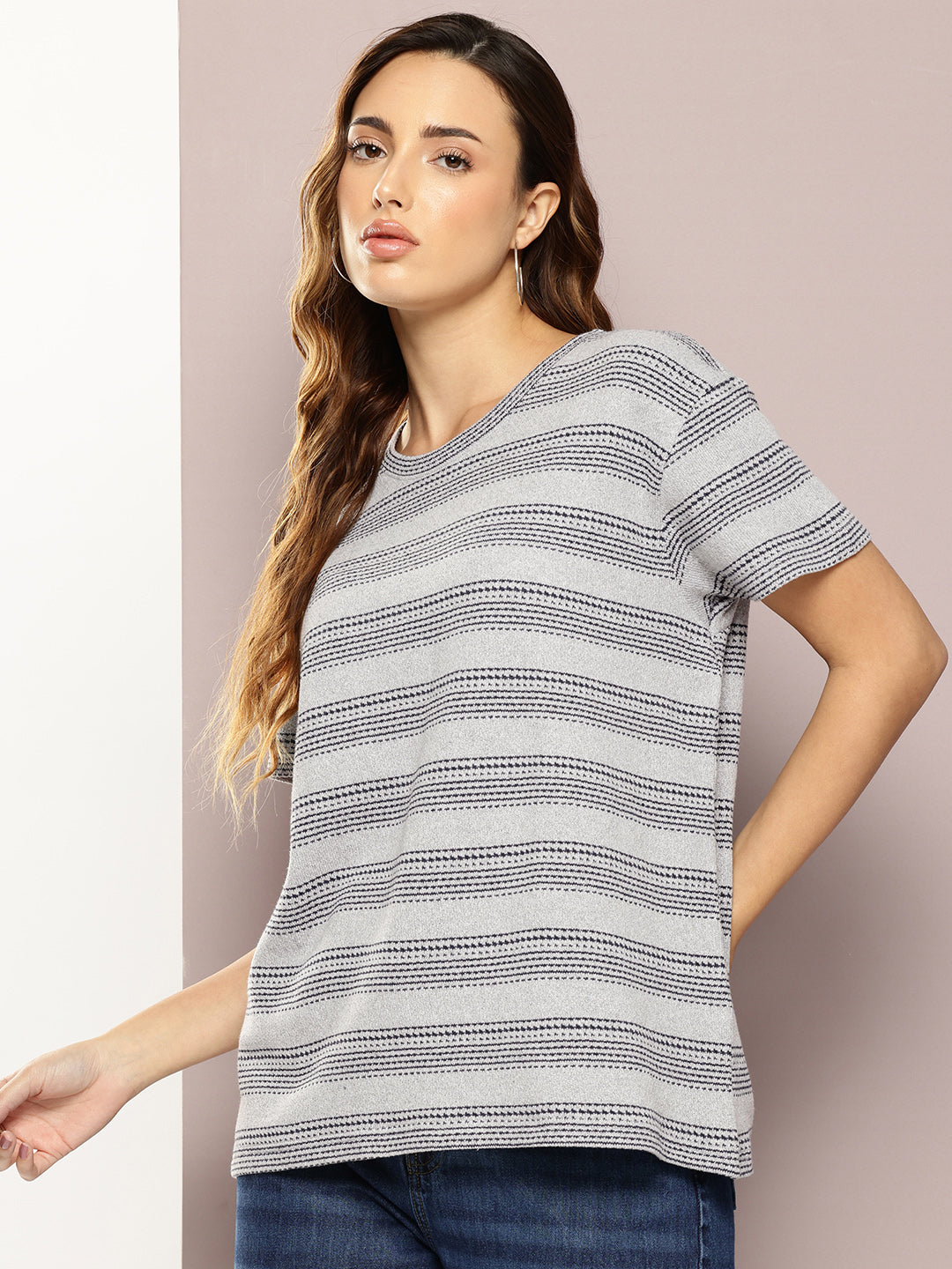 Womens Half Sleeve Round Neck All-Over Striped Boxy Fit Tshirts