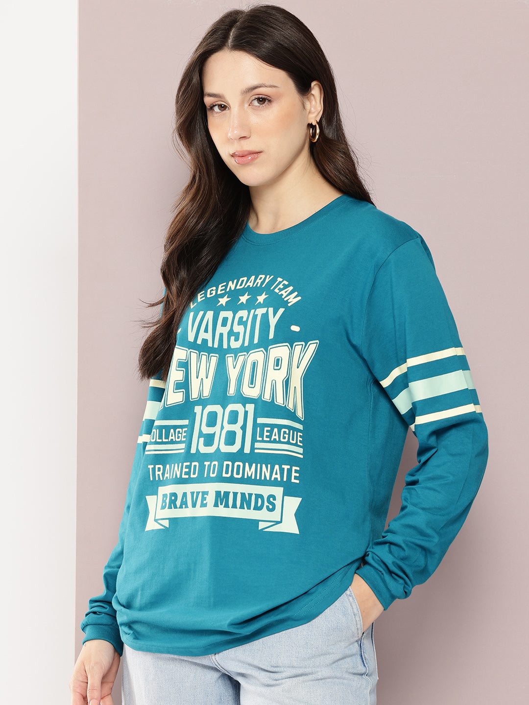 Womens Full Sleeve Round Neck Printed Oversized Fit Tshirts
