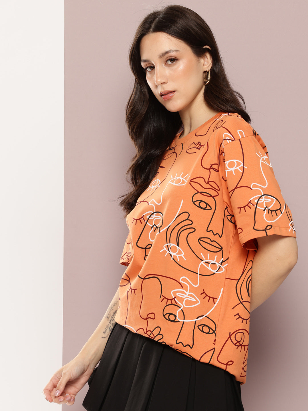 Womens Half Sleeve Round Neck All-Over Printed Oversized Fit Tshirts
