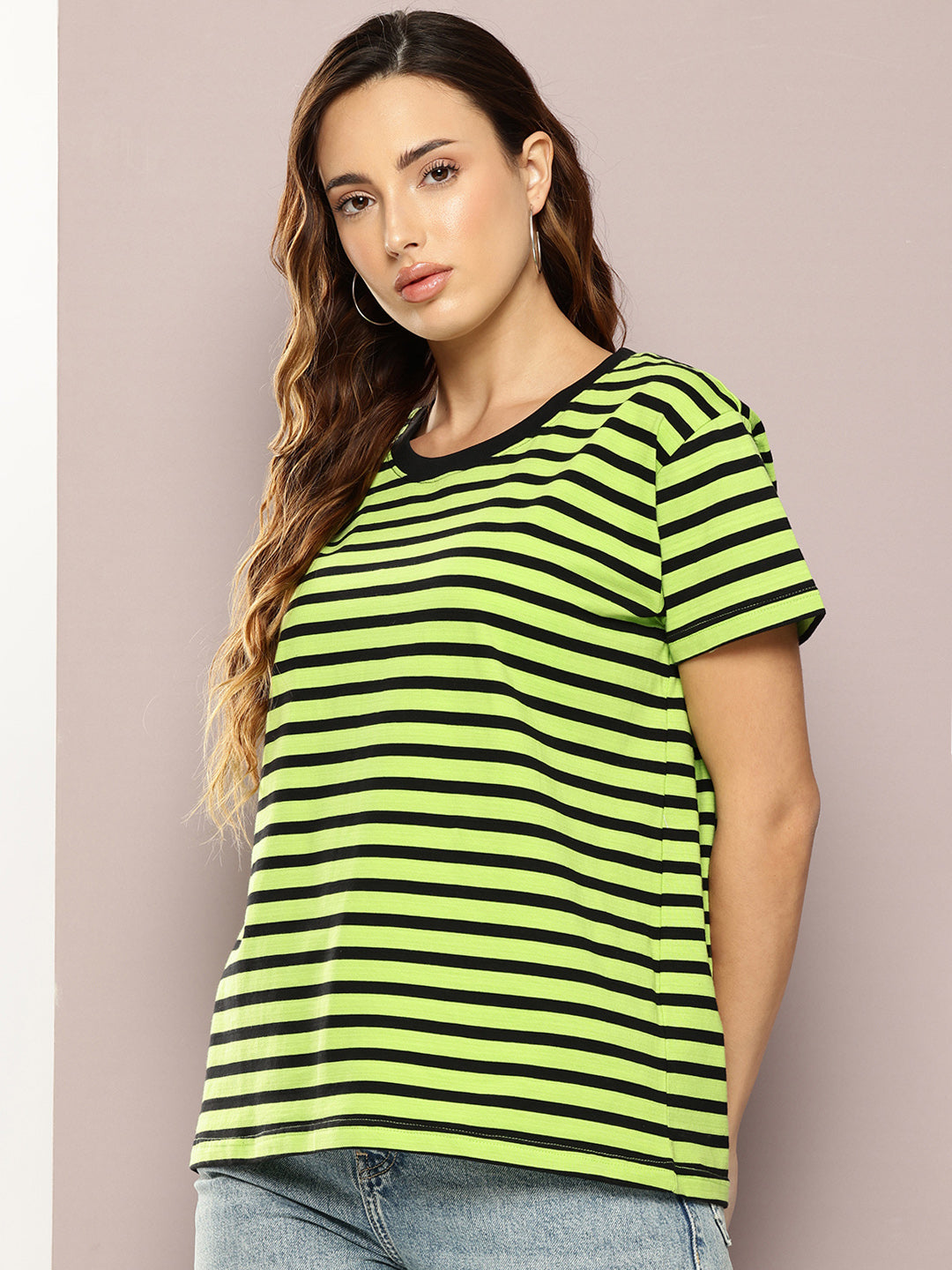 Womens Half Sleeve Round Neck All-Over Striped Boxy Fit Tshirts