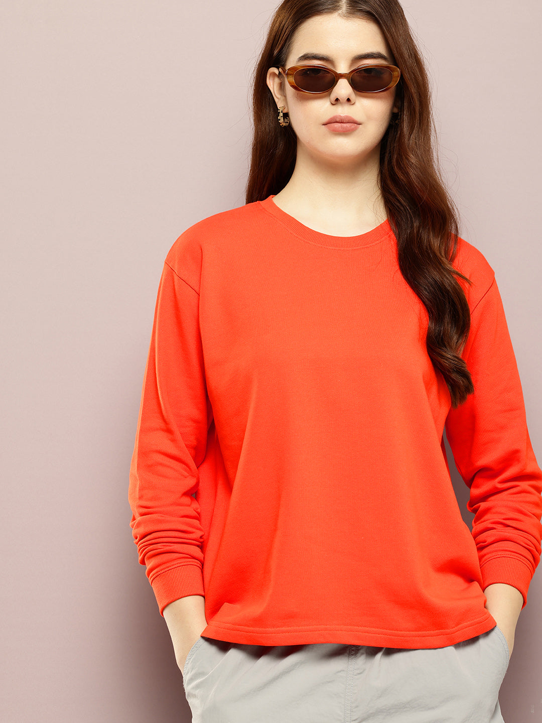 Womens Full Sleeve Round Neck Solid Boxy Fit Tshirts