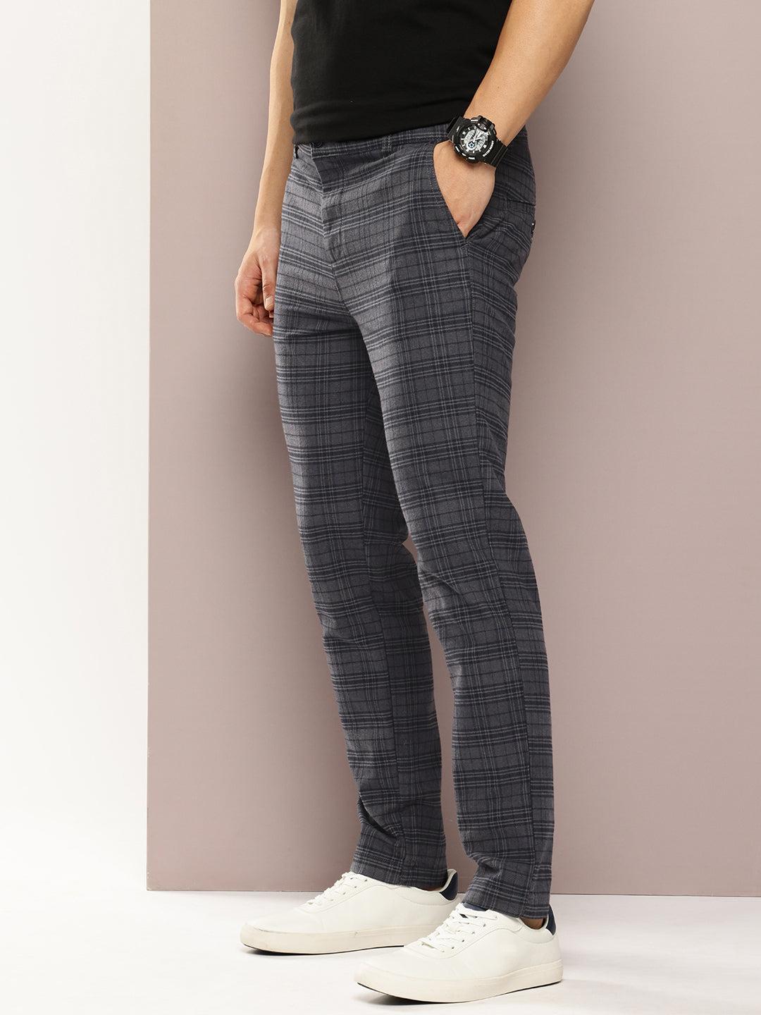 Men Checked Slim Fit Chinos Casual Trousers
