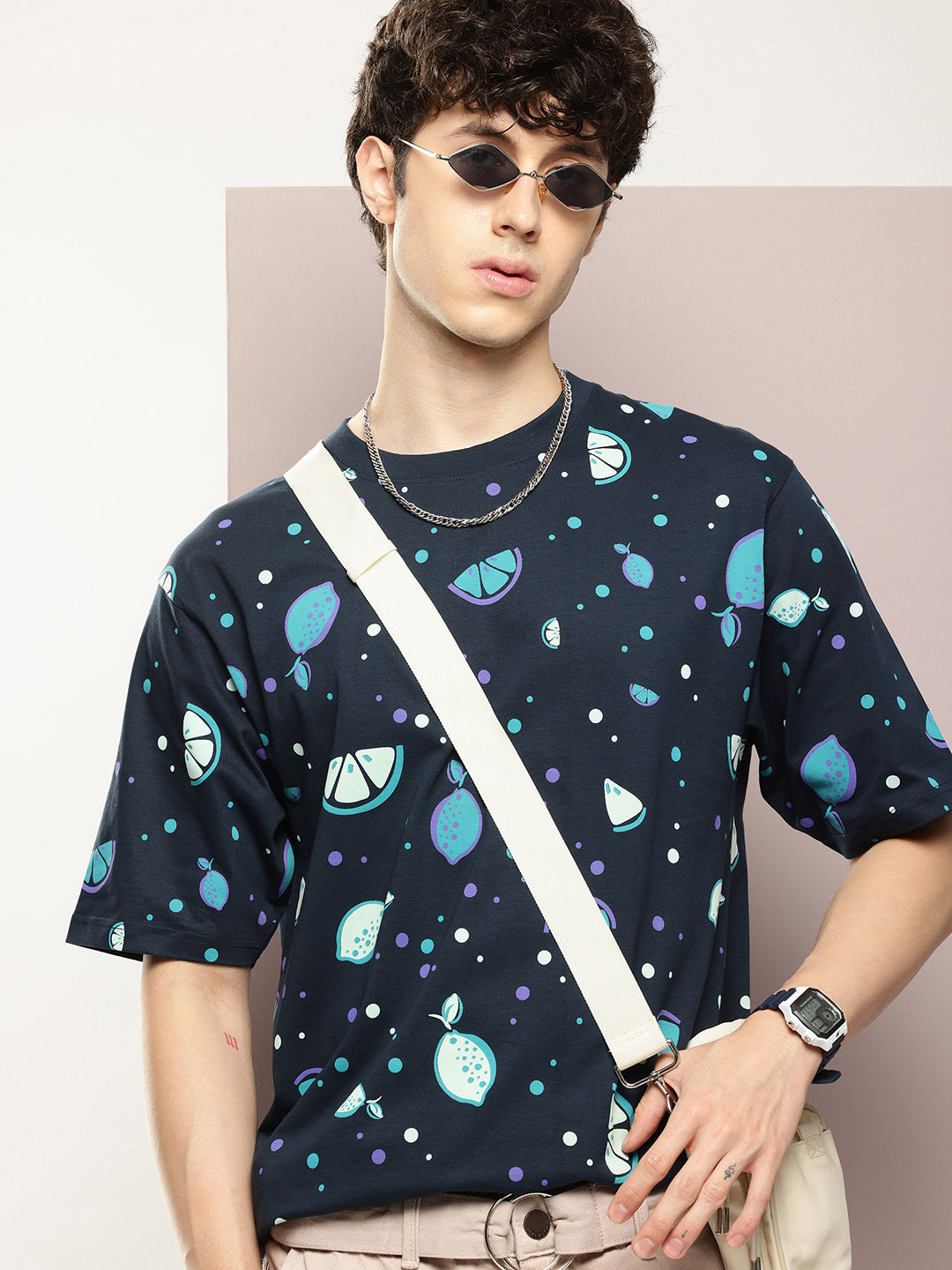 Mens Half Sleeve Round Neck All-Over Printed Oversized Fit Tshirts
